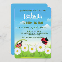 Invitación Punto polka rojo lindo Ladybug Daisy Flower Cumple