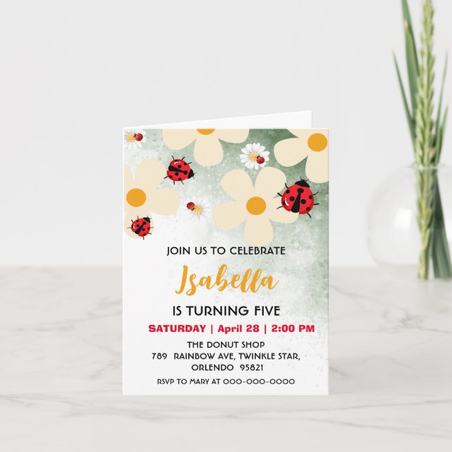 Invitación Punto polka rojo lindo Ladybug Daisy Flower Cumple (Anverso)