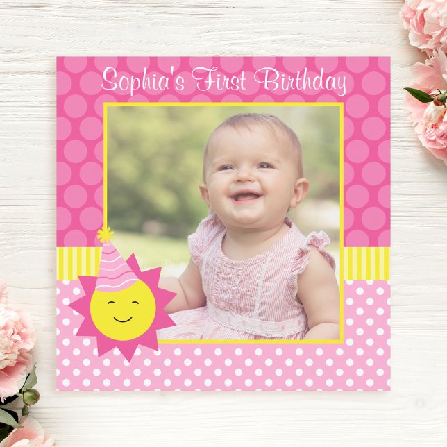 Invitación Punto Polka Rosado Sunshine Primer cumpleaños Foto (Subido por el creador)