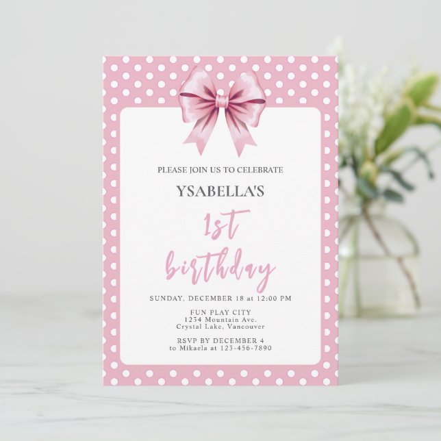 Invitación Punto Rosa y Lazo de Cumpleaños Número Uno (Anverso de pie)