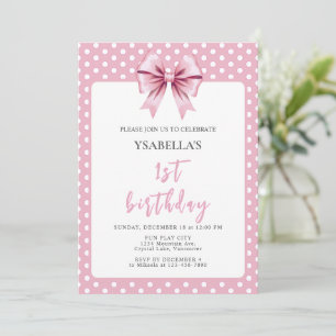Invitación Punto Rosa y Lazo de Cumpleaños Número Uno