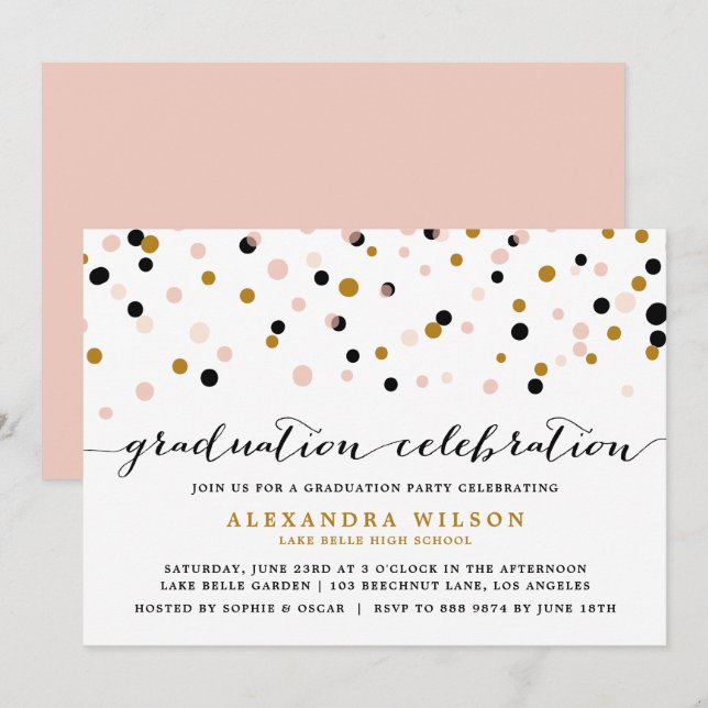 Invitación Puntos Confetti modernos | Graduación Rubor y Gold (Anverso / Reverso)
