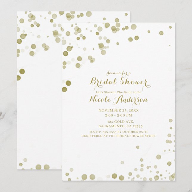 Invitación Puntos de Acuarela Dorada Baño de Novia Moderno y  (Anverso / Reverso)