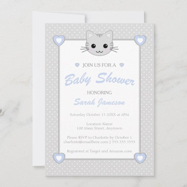 Invitación Puntos de Baby Shower de animal de gato azul gris  (Anverso)