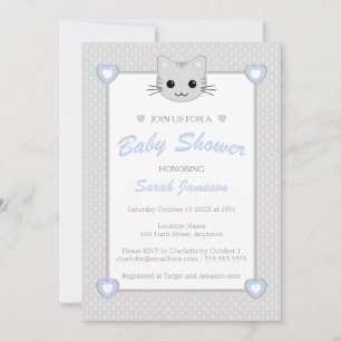 Invitación Puntos de Baby Shower de animal de gato azul gris 