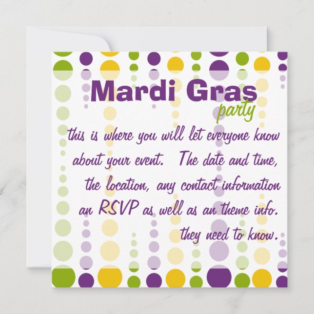 Invitación Puntos de burbuja de Mardi Gras (Anverso)