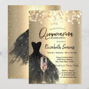 Invitación Puntos de confeti, copa de vino de vestido negro Q