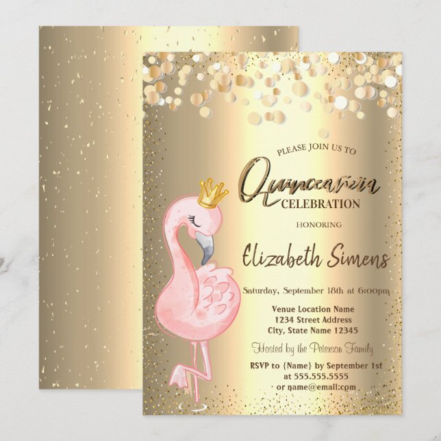Invitación Puntos de Confeti de Oro, Corona de Flamenco Rosa  (Anverso / Reverso)