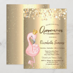 Invitación Puntos de Confeti de Oro, Corona de Flamenco Rosa