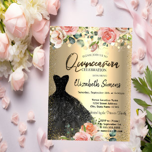Invitación Puntos de Confeti de Oro, Rosas Negras de Vestido