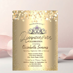 Invitación Puntos de confeti de oro,Tiara Quinceañera