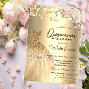 Invitación Puntos de confeti de oro,Vestido,Rosas Quinceañera