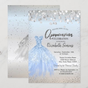 Invitación Puntos de Confeti de Plata, Vestido Azul Quinceañe