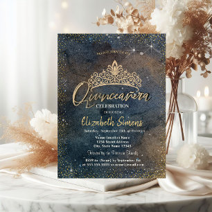Invitación Puntos de confeti dorados acuarela oscura Quinceañ