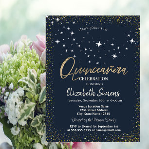 Invitación Puntos de Confeti Dorados Estrellas Azul Marino Qu