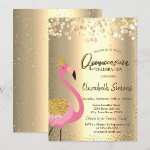 Invitación Puntos de confeti dorados, Quinceañera de flamenco
