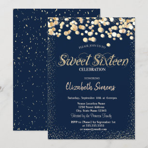 Invitación Puntos de confeti dorados sobre azul marino Sweet