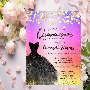 Invitación Puntos de confeti dorados, vestido negro ombre Qui