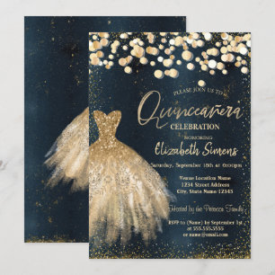 Invitación Puntos de confeti dorados,Vestido Quinceañera azul