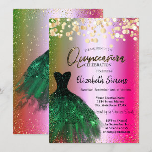Invitación Puntos de confeti dorados, vestido verde ombre Qui