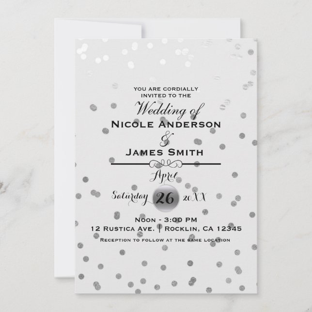 Invitación Puntos de confeti plateados blancos Elegante boda  (Anverso)