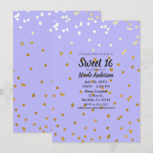 Invitación Puntos de confeti púrpura y dorado Glamour Moderno