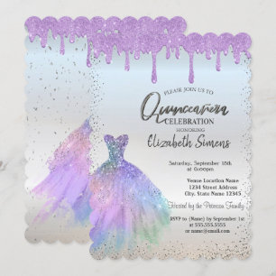 Invitación Puntos de confeti, vestido azul gotas violetas Qui