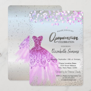 Invitación Puntos de Confeti Violeta, Vestido de Quinceañera