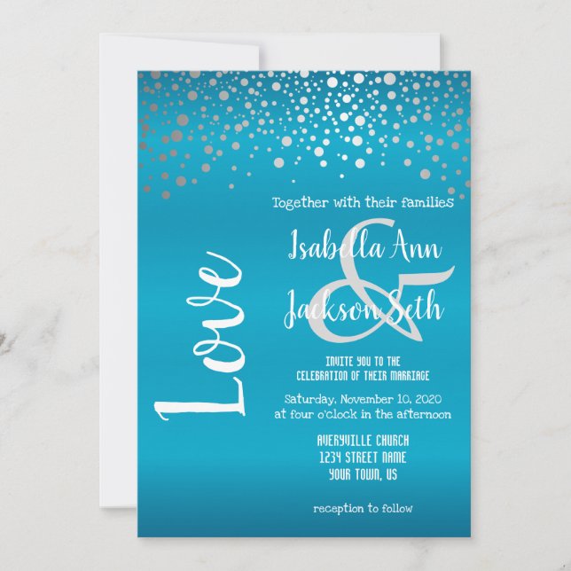 Invitación Puntos de confetti azul turquesa y plateado (Anverso)