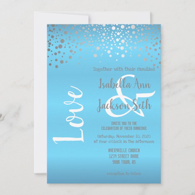 Invitación Puntos de confetti azul y plateado para bebés (Anverso)