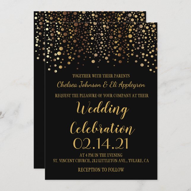 Invitación Puntos de Confetti de Negro y Oro (Anverso / Reverso)