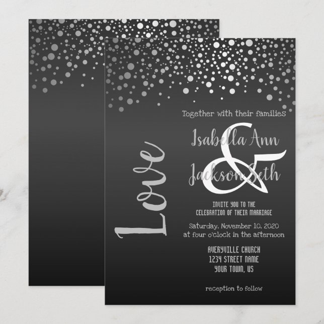 Invitación Puntos de confetti negro y plateado (Anverso / Reverso)