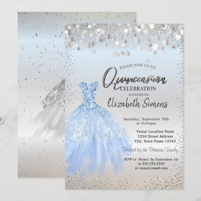 Invitación Puntos De Confetti Plateado,Vestido Azul Quinceañe (Anverso / Reverso)