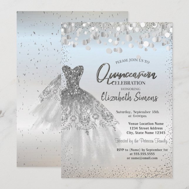 Invitación Puntos de Confetti plateado,Vestido de Moda Quince (Anverso / Reverso)