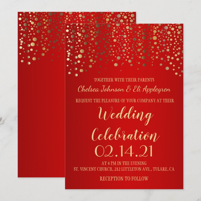 Invitación Puntos de confetti rojo y oro (Anverso / Reverso)