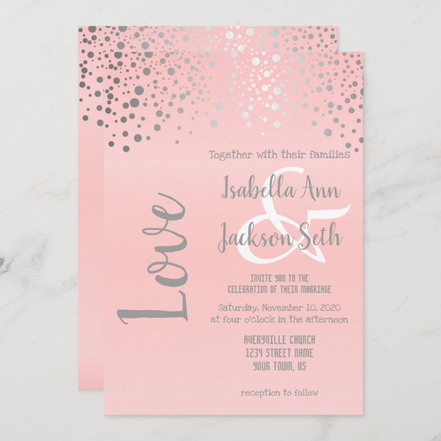 Invitación Puntos de confetti rosados y plateados (Anverso / Reverso)