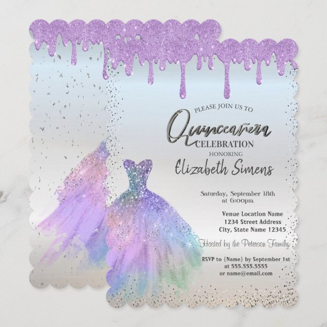 Invitación Puntos de confetti, Vestido azul violeta gotea Qui (Anverso / Reverso)