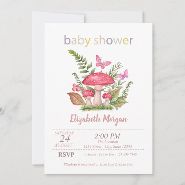 Invitación Puntos de mariposa de hongos Baby Shower (Anverso)