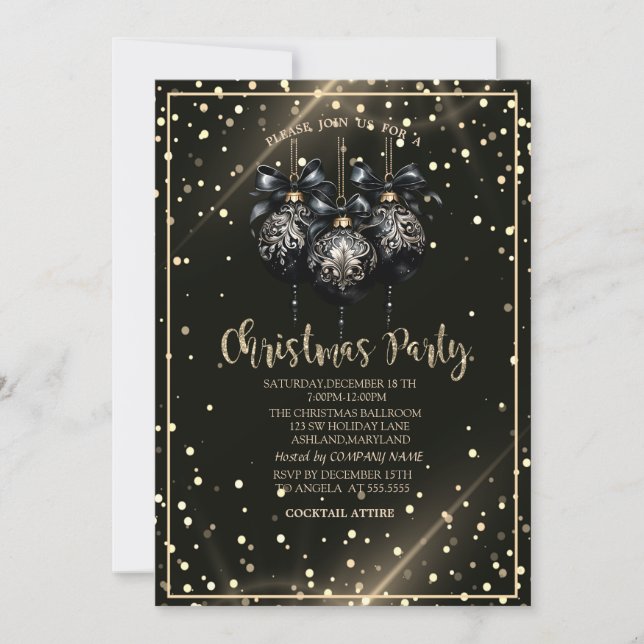 Invitación Puntos de Oro, Bolas Negras de Navidad Navidad de  (Anverso)