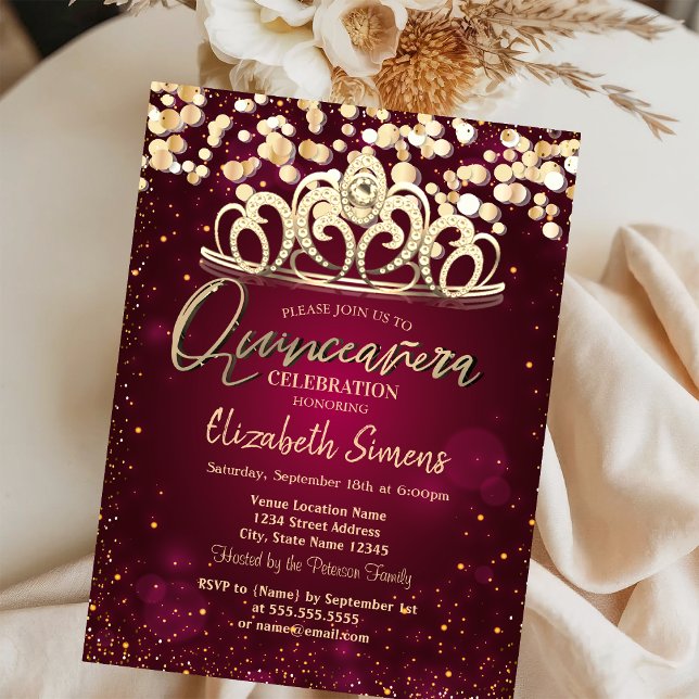 Invitación Puntos de oro de moda, Tiara Burgundy Quinceañera (Subido por el creador)