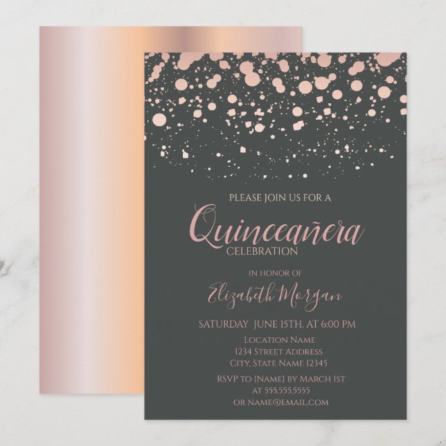 Invitación Puntos de oro Rosa modernos, Quinceanera gris (Anverso / Reverso)