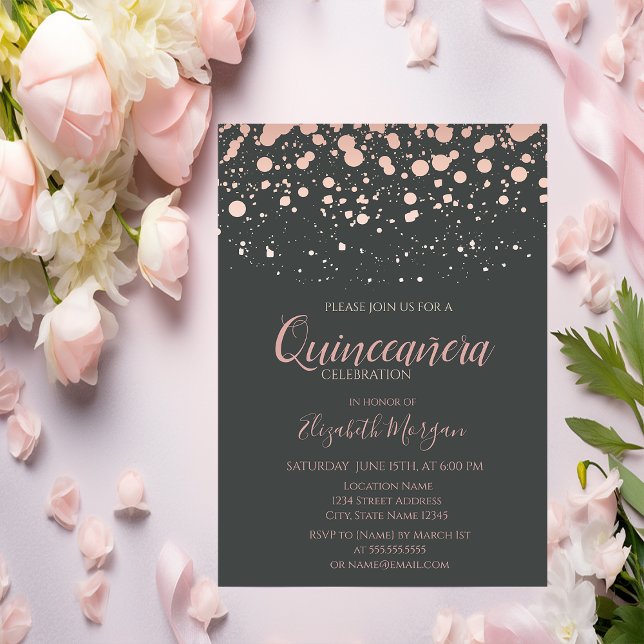 Invitación Puntos de oro Rosa modernos, Quinceanera gris (Subido por el creador)