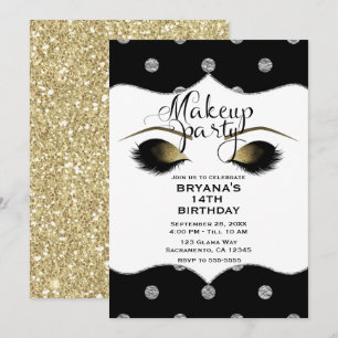 Invitación Puntos de Plata y Oro Maquillaje Pestañas Belleza 