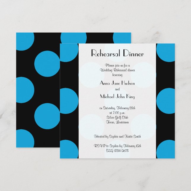 Invitación Puntos de Polka Azul, punteados, puntos, cena de e (Anverso / Reverso)