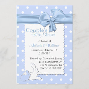 Invitación Puntos de polka azul y blanco con conejos Baby Sho