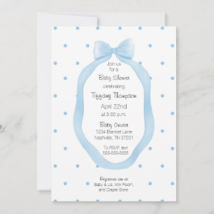 Invitación Puntos de Polka de Bow Azul y Blanco enmarcados co