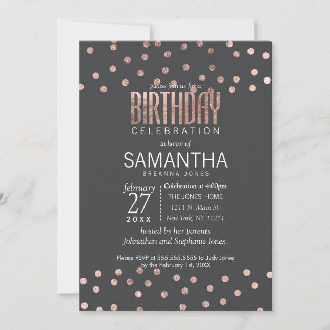 Invitación Puntos de Polka de Oro Rosa y Cumpleaños Negro de  (Anverso)