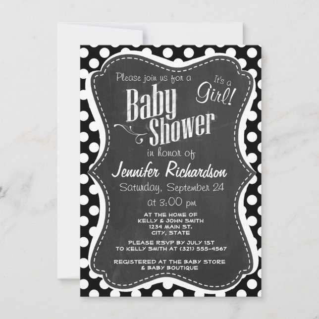 Invitación Puntos de Polka en blanco y negro; aspecto de tabl (Anverso)