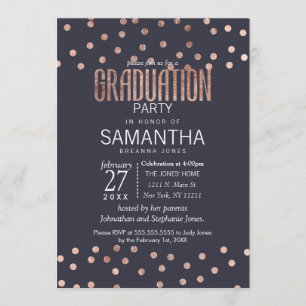Invitación Puntos de Polka Oro Rosa y Graduación Azul Marina