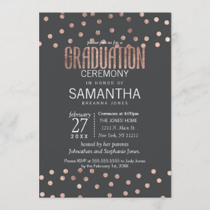Invitación Puntos de Polka Oro Rosa y Graduación Negra de Car